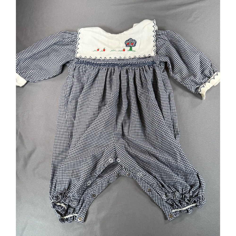 Vintage Carters Baby Romper 9M Navy Gingham Smocked Embroidered Apple Tree 2303